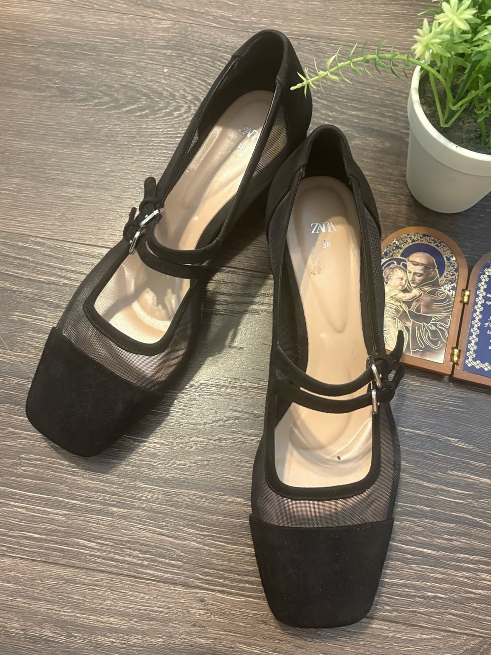 ZARA Black Mesh Mary Jane Block Heels Double Strap Square Toe Sz 38 (8) - Picture 2 of 11